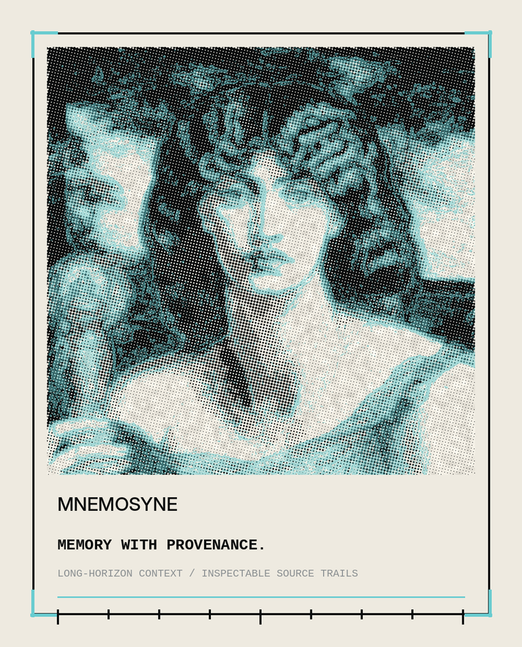 A materially degraded graphic treatment of Dante Gabriel Rossetti's public-domain painting Mnemosyne, used as Mousa's memory portrait.